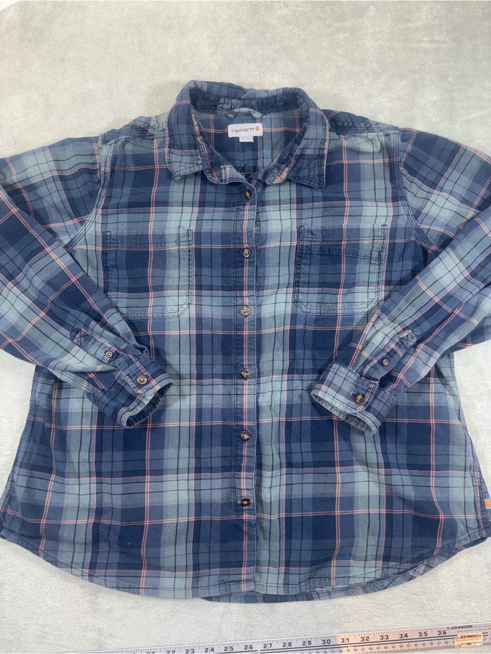 Carhartt Plaid Flannel Button Down Shirt Blue Gray Women's XXL (20)